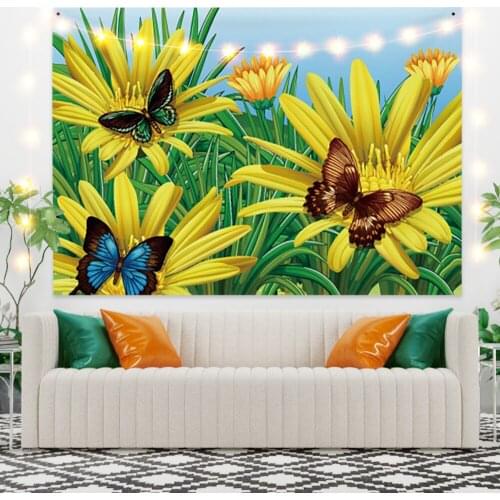 Beautiful Sunflower White Tapestry Vintage Exotic Summer Plant Nature Frame for Bedroom Photography Wall Decor