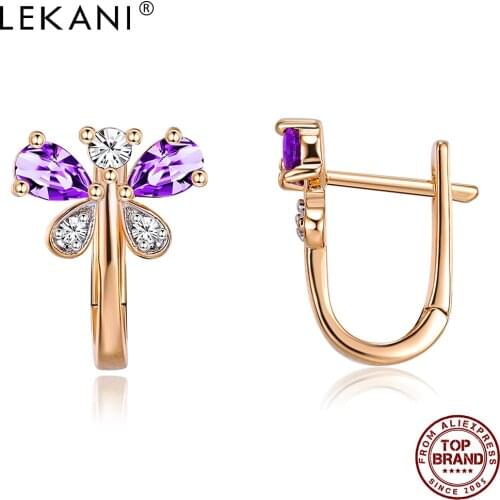 LEKANI Butterfly Earrings For Women Champagne Gold Stud Earring Purple Zircon Fashion Jewelry Hot Selling Gift For Girlfriend