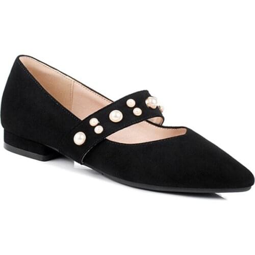 2020 Hot Sales Pointed Toe Ankle Strap Mary Jeans Ballet Flats Women Shoes Plus Size 33-43 Black Apricot Pink Rivets Shoes Woman