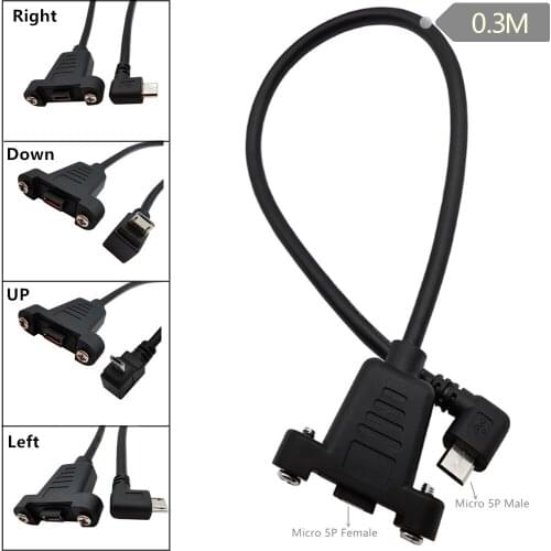 Micro USB 90 ° angle Male to Female Extension Panel Mount Type Cable Charge Cord,1Feet Black (Micro USB M/F) 0.3M