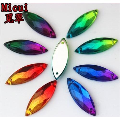 Micui 50pcs 7*21mm Double Color Acrylic Rhinestone Crystal Horse Eye Sew On Silver Base Flatback Rhinestone With 2 Holes ZZ276