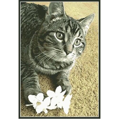 Cat and Flower Counted Cross Stitch Kits Printed Canvas Embroidery Needlework Sets 11CT 14CT Diy Crafts Home Decoration Painting