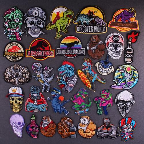 Jurassic Park Stripes Patch Skull Embroidered Patches On Clothes Iron On Patches For Clothing Diy Animals Badge Applique Sticker