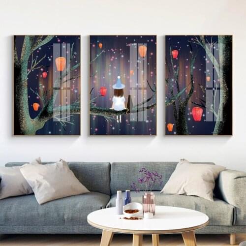 Moon Goodess Wall Art Print Sky Lantern Poster Spring Scattering Stars Night Crescent Moon Make a Wish Canvas Decor Paintings