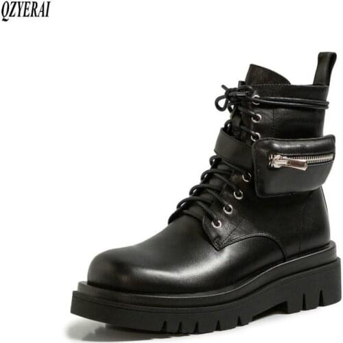 2020 New Winter British Style Martin boots women thick bottom pocket motorcycle boots breathable leather ankle boots fashion