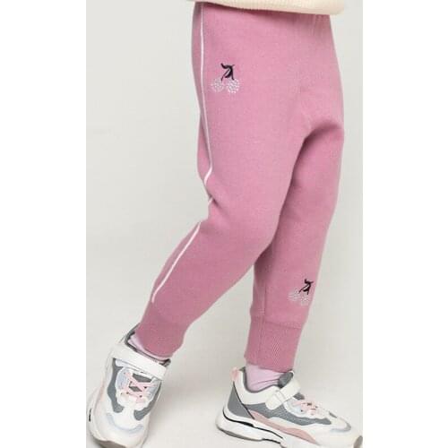 2020 Autumn and Winter New Contrast Color Insertion Strip Cherry Embroidery Girls Knitted Trousers Brand Childrens Clothing Sof