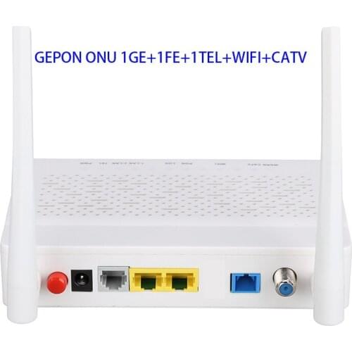 Newly released OEM ONT RF GEPON ONU 1GE+1FE+1TEL+CATV+WIFI 2.4g 5db 2*Antenna 5db English interface