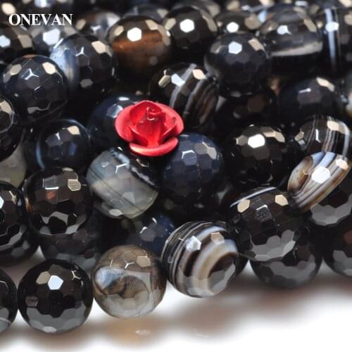 ONEVAN Natural Black Stripe Onyx Eye Agate Faceted Beads 8mm Round Stone Bracelet Necklace Jewelry Making Diy Accessories Design