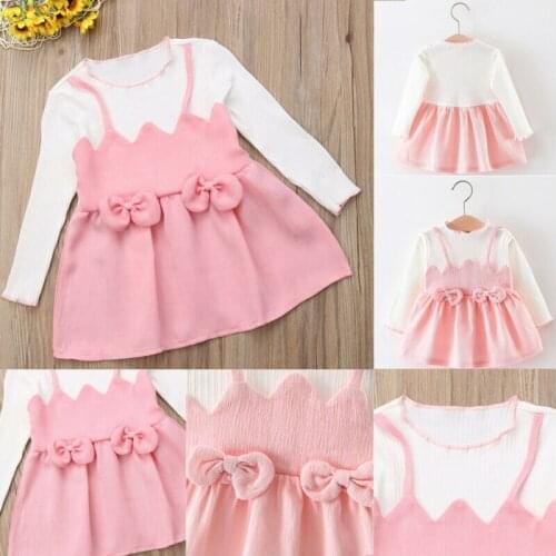 0-3T Newborn Toddler Kids Baby Girls Dress Pink Patchwork Princess Bow-Knot Party Dresses For Girls Long Sleeve Autumn Outfits