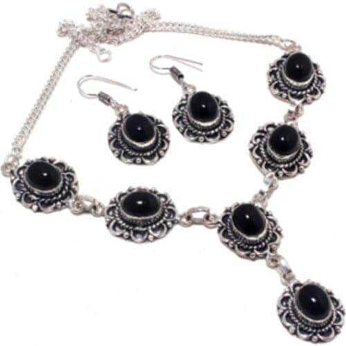 Black Onyx Necklace Earing Silver Overlay over Copper , 43cm, FRN0079