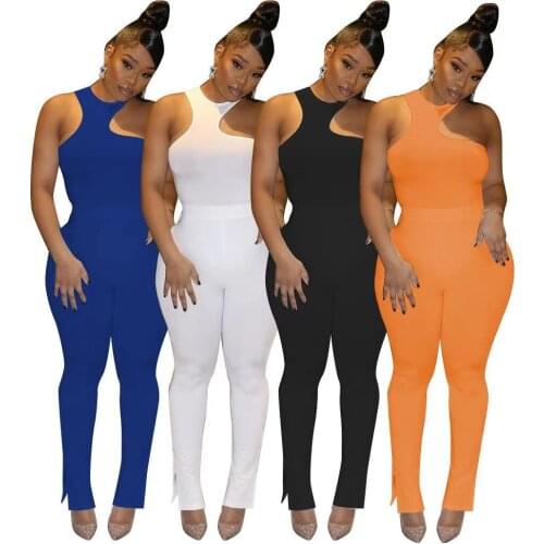 Casual Fitness Solid Tracksuit Women Summer 2021 Sexy O Neck Tank Top + Slit Hem Pants Slim Club Party Two Piece Set Outfits