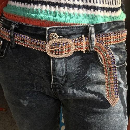 AWAYTR Hotselling Rainbow Shiny Rhinestone Women Belts Fashionable Bling Bling Crystal Jean Belt Pin Buckle Long Waist Chain