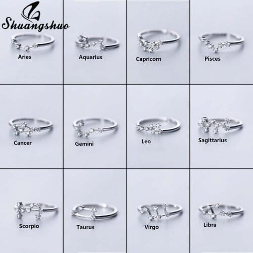 Vintage Crystal 12 Constellations Finger Rings for Women 925 Sterling Silver Adjustable Zodiac Sign Ring Wedding Jewelry Gift