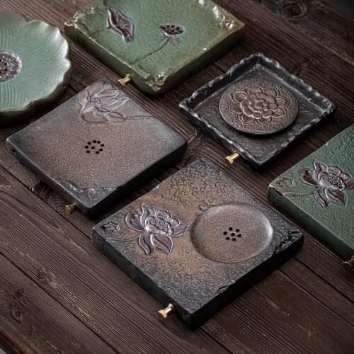 Gilding Iron Glaze Pot Tray Stoneware Base Pot Mat Small Vintage Ceramic Water Storage Drainage Dual-Purpose Pot Tray Tea Table