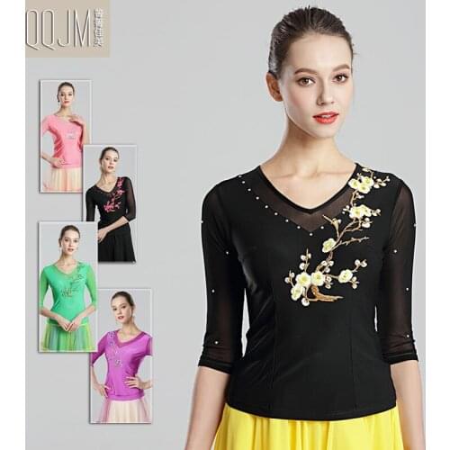 Lady Modern Dance Skirt Jacket New Waltz Ballroom Dance Ballroom Dance Ice Stick V Stretch Neck Long Sleeve Top B-6294