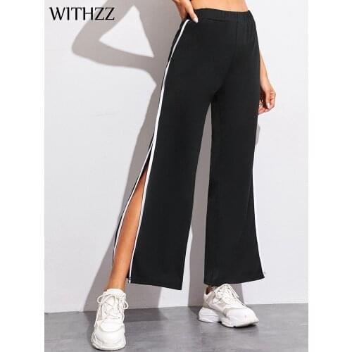 WITHZZ Spring Summer Womens Elastic Waist Sexy Split Wide-leg Pants Trousers Casual Pants