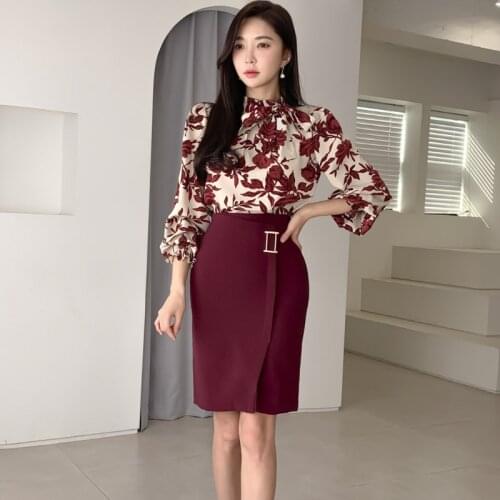 New arrival women two-piece set print basic shirt and slim pencil skirt fashion work style high quality spring summer women set