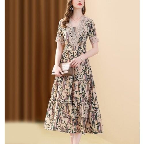 Only Plus Printed Dress Women 2021 Floral Chiffon Bohemian Maxi Dresses Lace Patchwork Vintage Summer V Neck Elegant Dress New