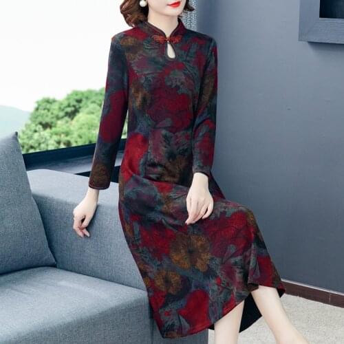 2021 Autumn Chinese Style 4XL Plus Size Floral Midi Dresses Spring Elegant Women Knitting Dresses Vintage Bodycon Party Vestidos