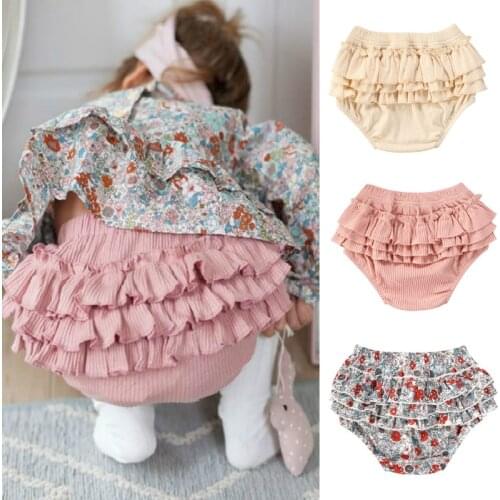 0-3Years Baby Summer Clothing Infant Girls Floral Ruffled Ribbed Shorts PP Bottoms Cake-Layered High-Waist Solid color Shorts