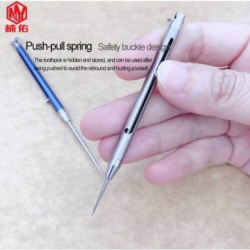 1PC Portable Titanium Spring-style Push-pull Hidden Toothpick Multifunction Self-defense Tool Tableware Key Keychain EDC Tool