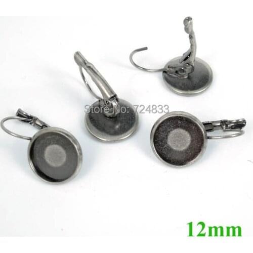 12mm Antique Silver Plated Brass Round Bezel French Lever Earrings Glass Cameo Base Blanks Earrings Crafts Findings 10pcs/lot