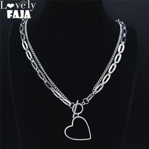 2021 Punk Heart Necklaces for Women/Men Silver Color Stainless Steel Double Necklace Chains Jewelry collana cuore NXS03