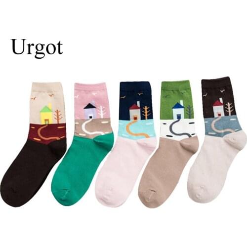 Urgot 5 Pairs Vintage Women Cartoon Patterned Funny Socks Fashion Cute Kawaii Short Socks Female Cotton Art Kawaii Socks Art