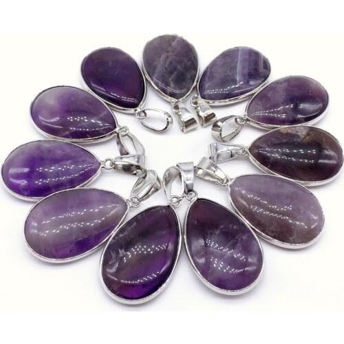 5pcs/set Stone Charm 20mm x 30 mm Nature Amethysts Alloy serging Necklace Pendant For Women Girls Fashion Jewelry