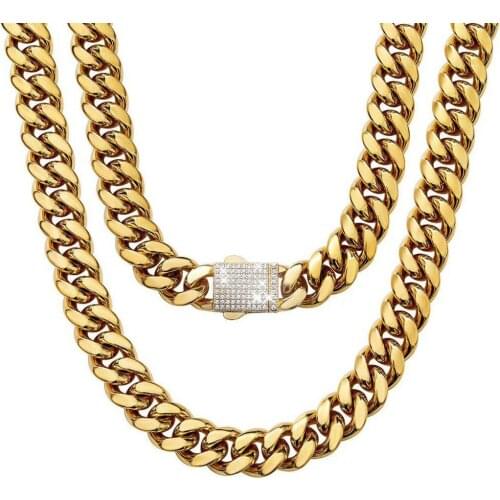 6/8/10/12/14MM Fashion Gold Stainless Steel Miami Cuban Curb Chain White Rhinestone Clasp Men Women Necklace Jewelry Gift 1PCS