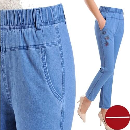 Middle-aged Womens Jeans Spring Autumn Stretch Waist Embroidery Nine Denim Pants Large Size Loose Female Straight Casual Pants