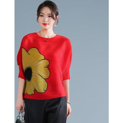 Miyak Pleated Bat Sleeve Floral Print T-shirt Women Loose Half Sleeve Large Size Casual Summer Elasticity Top Female Clothes