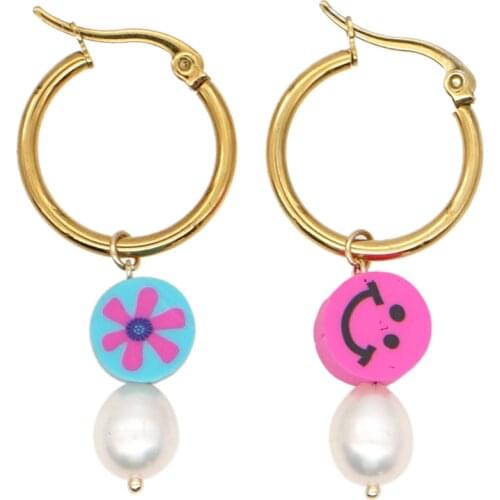 Go2Boho 2021 Pearl Earrings for Women Cute Smiley Face Jewelry Girls Aretes De Perlas Flower Golden Circle Earring Random Color