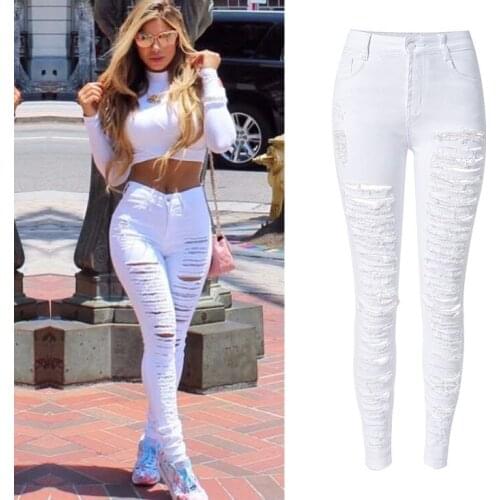 Hot Style Women High Waist White Denim Pants Woman Pencil Popular Street Stylish Personality Plus Size Ripped Holes Skinny Jeans