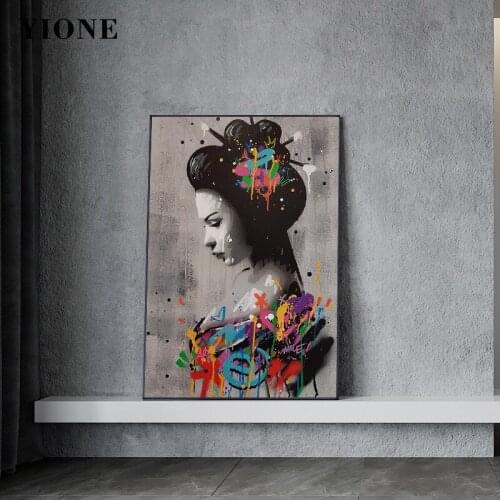 Japanese Woman Colorful Graffiti Art Prints Canvas Painting Custom Abstract Figure Wall Poster Picture for Living Room Interior