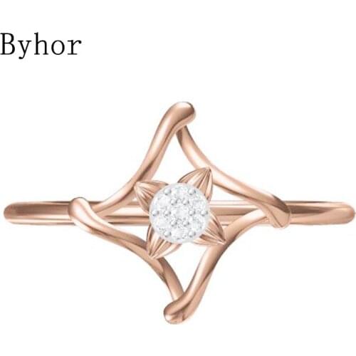 Byhor Solid 14K White+Rose Gold 0.031ct H/SI Natural Diamonds ring Women Engagement gift кольца Wedding band flower trendy ring