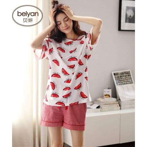 Summer Cotton Ladys Sweet Girls Half Sleeve Housewear Loose and Thin Cotton Suit Outside Sleepwear