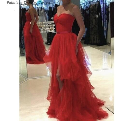 Red Sweetheart A Line Prom Dresses 2020 Sexy Strapless Split Long Evening Dress Party For Women Fashion Tulle Vestido De Fiesta