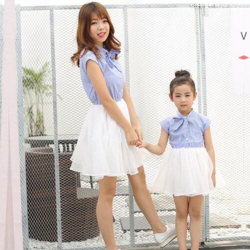 Summer Family Clothing Mother Daughter Dresses Bowtie Two Pieces Set Twins Little Sisters Dress Mom and Daughter Dress Outfits