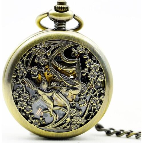 5pcs/lot Fashion Vintage Automatic Mechanical Pocket Watch Creative Chinese Magpie Flowers Carving Fob Chain Clocks PJX1119