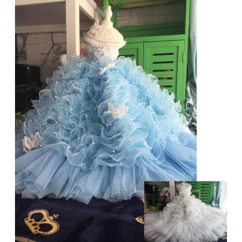 Handmade Dog Clothes Pet Dress Trailing Gown Blue Hemming Pearl Lace Butterfly Princess Tiered Skirt Tulle Poodle Maltese Yorkie