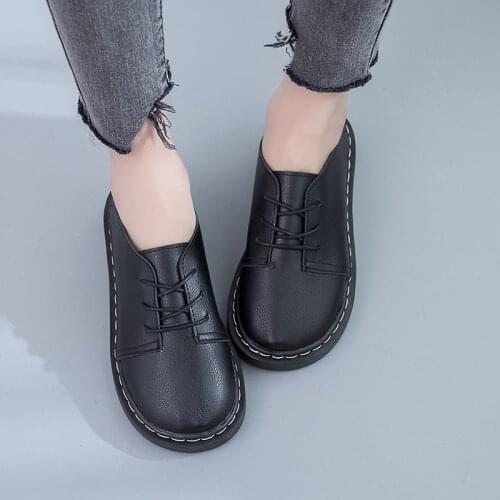 2020 Autumn Woman Oxford Shoes Lace Up Platform Leather Shoe Sewing Lolita Shoes Retro Round Toe Flats Girls Casual Black 8777G