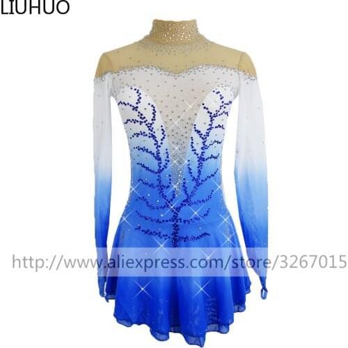 Figure Skating Dress Womens Girls' Ice Skating Dress Competitive performance clothing White blue gradient color Long sleeve