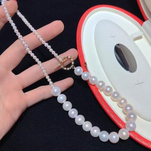 Popular simple chain necklace with mix size natural white genuine pearl gold plated clasp can customize length lady bridal