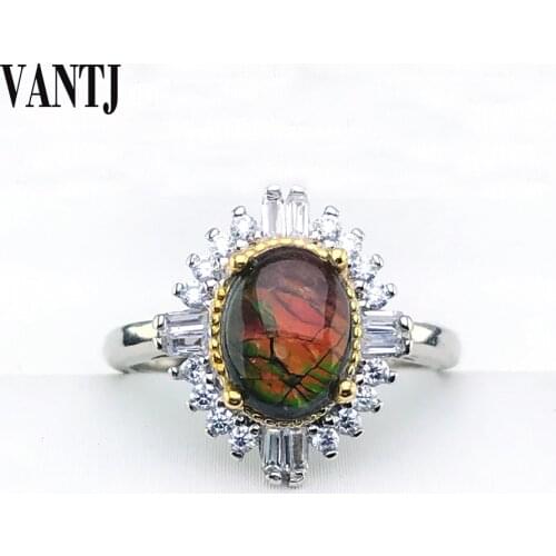 Natural Ammonite Ammolite Rings Sterling 925 Silver for Women Sparkling Gemstone Anniversary Classic Fine Jewelry Gift Collier