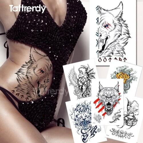 Sexy temporary tattoo wolf dragon animals tattoo pattern wild tribal tattoo waterproof temporary girls body art fake tatoo black