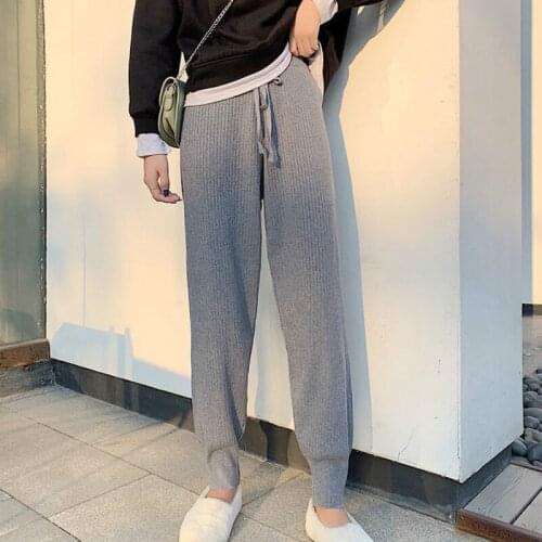 Knitted lace-up pants womens andwinter autumn loose high waist casual harem pants solid color black feet pants nine point Y108