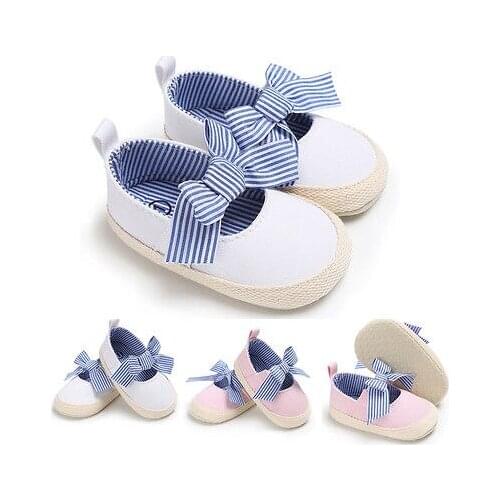 White Pink Baby Striped Bowknot Shoes Summer Autumn Newborn Kids Girls Soft Soled Princess Crib Shoes Prewalker Anti Slip 0-18M