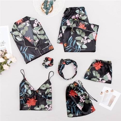 Women Satin Pajamas Sleepwear 7 pieces a Set Ladies Home Wear Suit Print long sleeve Top Tank Top Shorts and Pants