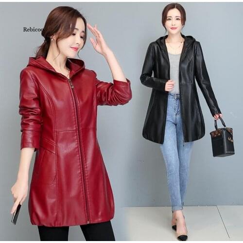Women Long Faux Leather Jacket Hooded Plus Size Women Faux Leather Trench Coats Autumn Winter Loose Zipper Long Coat